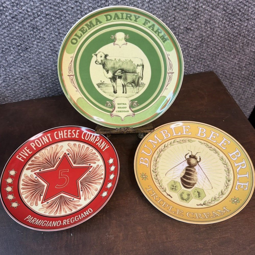 Pottery Barn Vintage Label Cheese Snack 7in Plates Bee Cow 5 Star Set 3